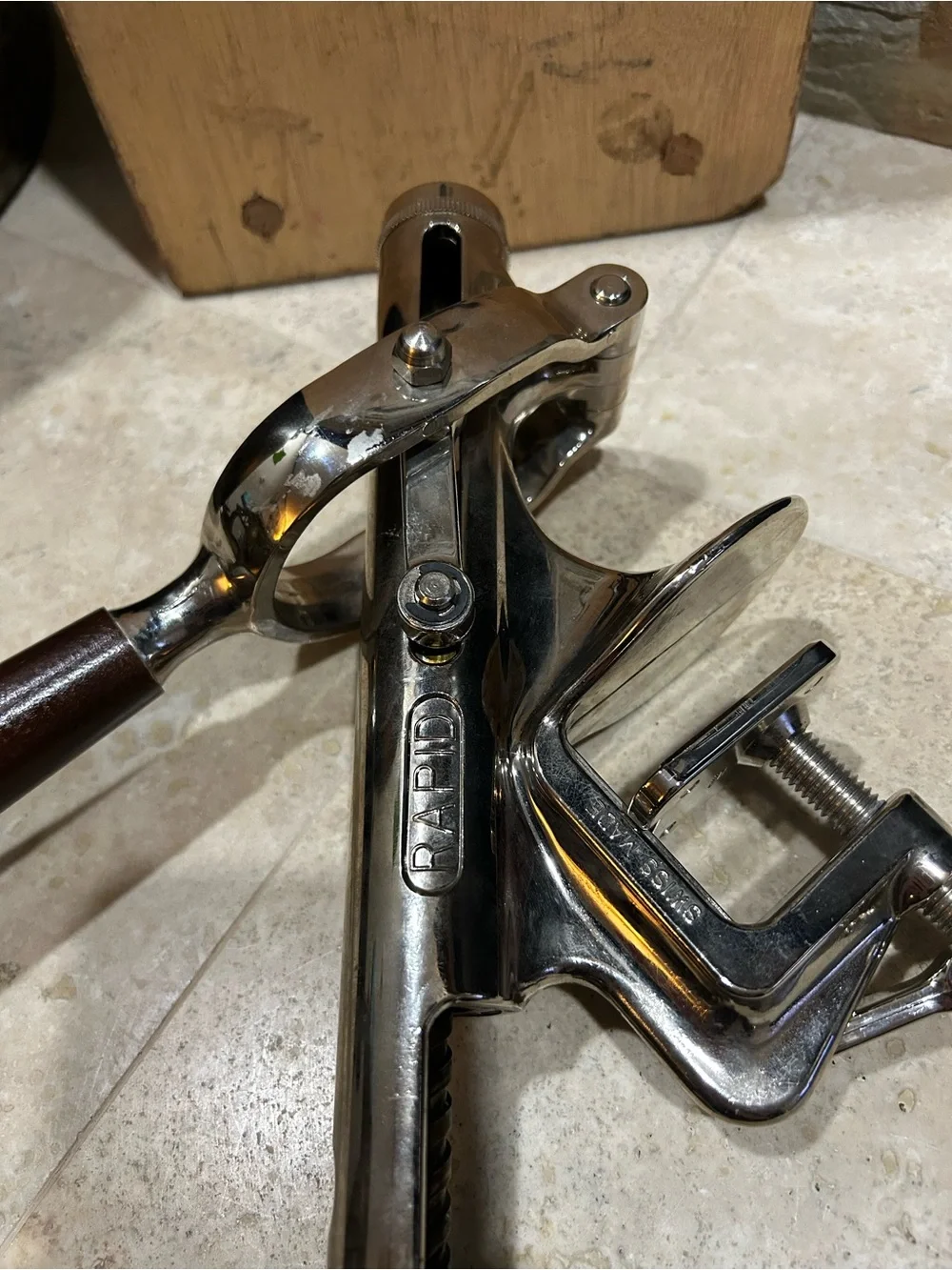 Vintage RAPID Swiss Tabletop Corkscrew Wine Opener with Wooden Handle